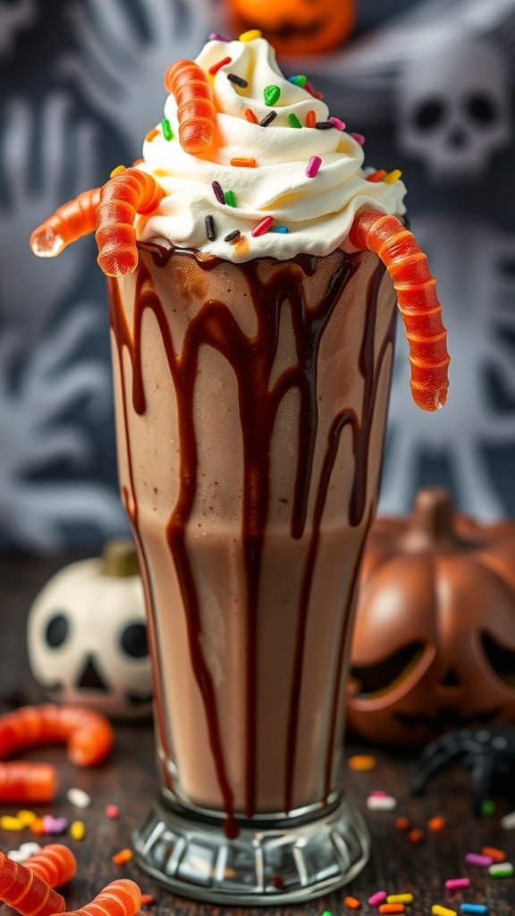 A creepy chocolate milkshake with whipped cream, chocolate syrup, and gummy worms, perfect for Halloween.
